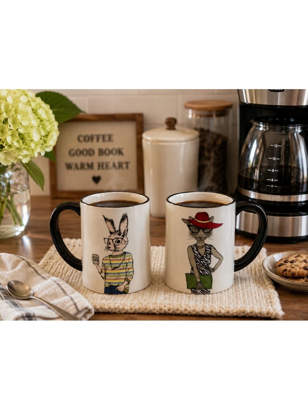 Set of 2 Signature Housewares Hipster Animal Mugs Rabbit and Tiger